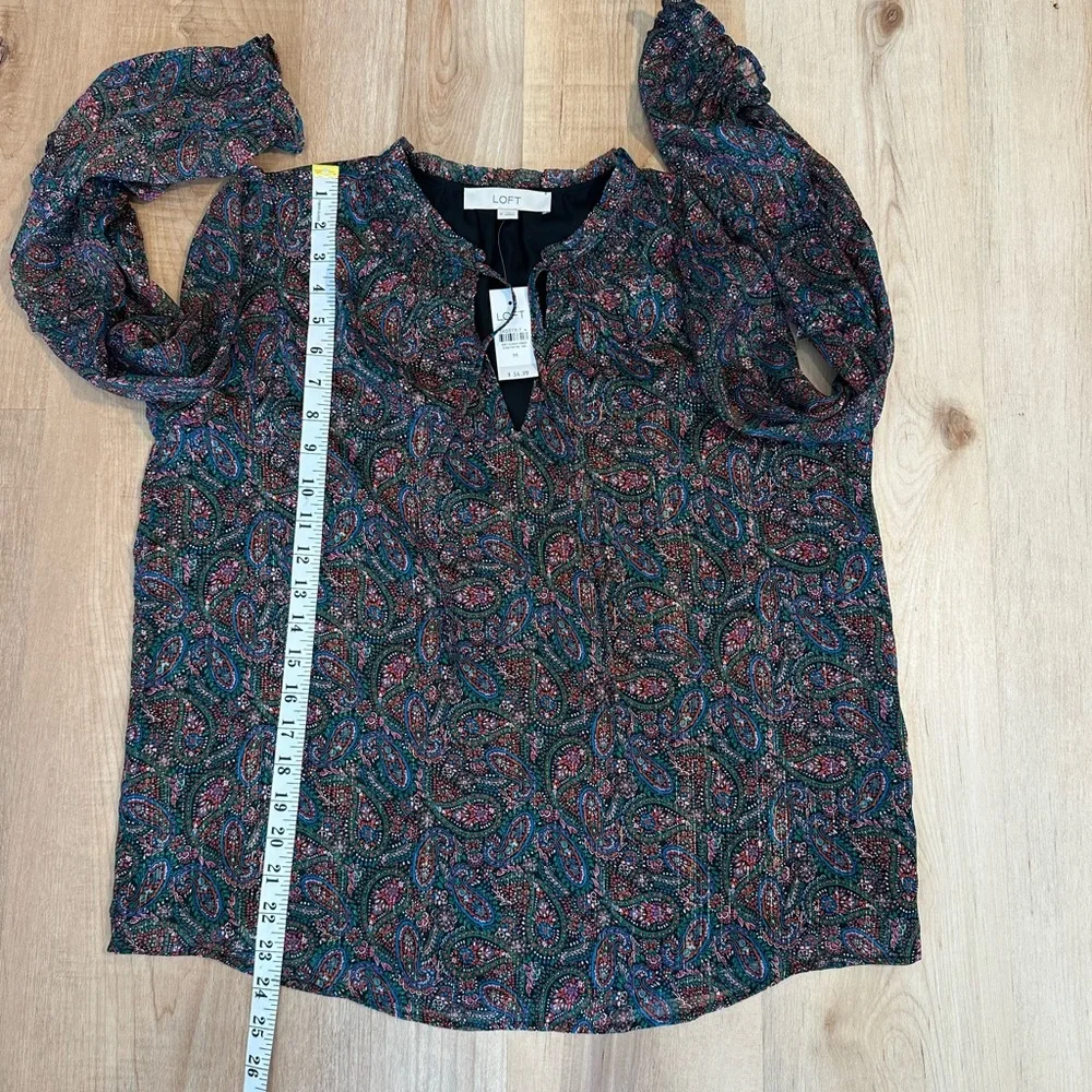 LOFT Women's Multicolor Shimmer Paisley Smocked Ruffle Tie Neck Blouse Sz M - Picture 6 of 13